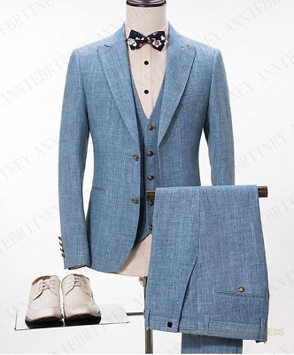 #ad 3pcs Men Linen Beach Wedding Suits Casual Man Blazer Custom Groom Tuxedo Set $142.74