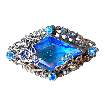 #ad Brooch Pin Romantic Victorian VTG Blue Stone Ornate Costume Statement 1 3 4quot; $21.99