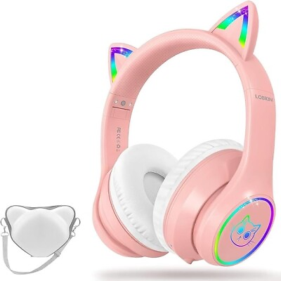 #ad LOBKIN Kids Bluetooth 5.3 Cat Ear Headphones Foldable RGB Wireless Wired Pink $24.99