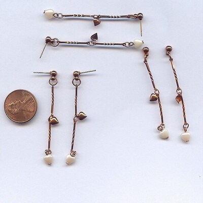#ad 6 VINTAGE COPPER PLATED TWISTED BAR PEARL HEART CHAIN DANGLE 2.25quot; EARRINGS 3777 $2.24