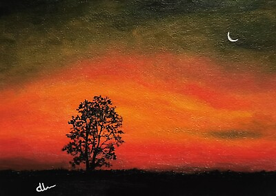 #ad quot;Last Lightquot; ACEO Original Acrylic Painting Vintage Sunset Art Moon Signed ATC $16.66