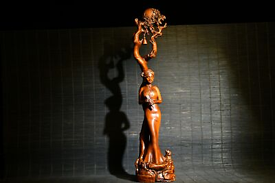 #ad 12quot; Collection Chinese Box wood Carving Beautiful Woman Pine Tree Sculpture $169.00