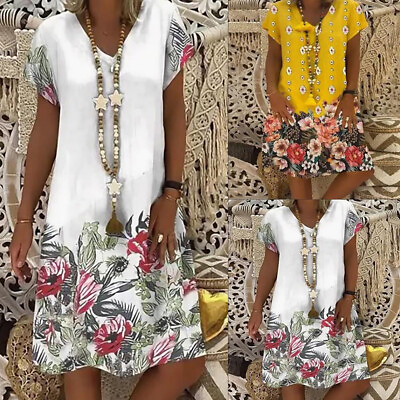 #ad Women Boho Short Sleeve Floral V Neck Dress Summer Holiday Casual Loose Sundress $21.99
