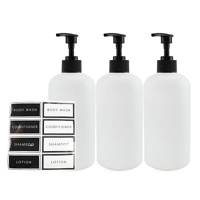#ad White Plastic Shower Pump Bottles Set of 3; 16oz for Shampoo Body Wash etc $12.99
