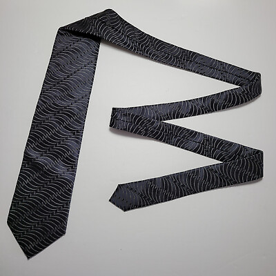 #ad Bugatchi Uomo Men#x27;s Black Abstract Wave 100% Silk Necktie Handmade In Italy $19.99
