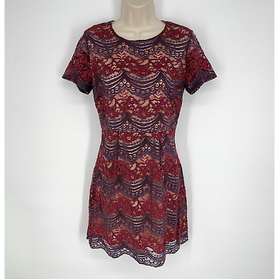 #ad Soprano A Line Lace Overlay Dress S Burgundy Navy Scallop Hem Lined Short Sleeve $31.49