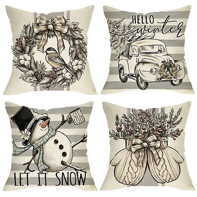 #ad Hello Winter Gray Decorative Throw Pillow Covers 18x18 Set of 4 Snowman Let ... $21.13
