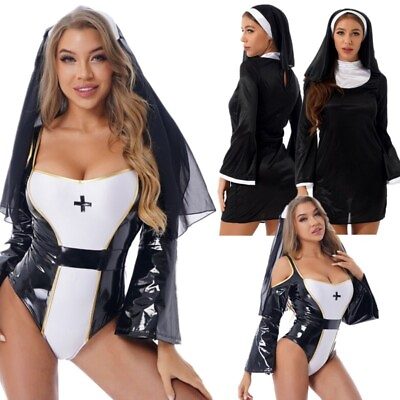 #ad Women Nuns Roleplay Costume Party Fancy Dress Up Unitard with Headband Clubwear $6.50
