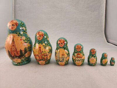 #ad Russian 7 Piece Nesting Matryoshka Dolls Gold Foil Hand Painted Buildings Floral $139.50