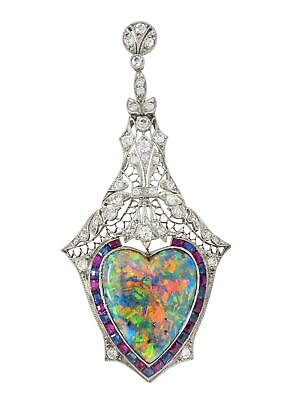 #ad Edwardian 9.64 CTW Diamond Sapphire Ruby Heart Shaped Black Opal Antique Pendant $53350.00