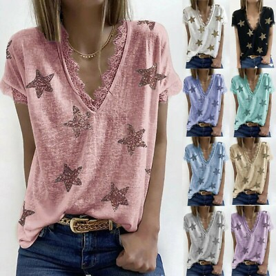 #ad Womens Lace V Neck Short Sleeve Blouse Casual Star Print T Shirt Loose Tunic Top $14.06