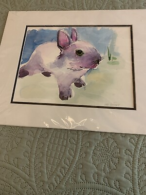 #ad Double Matted Hand Painted Original Watercolor Bunny In Lavender Signed 16x20 $48.00