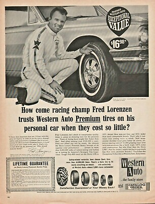1966 Fred Lorenzen Racing Champion for Western Auto Tires Vintage Ad $15.14