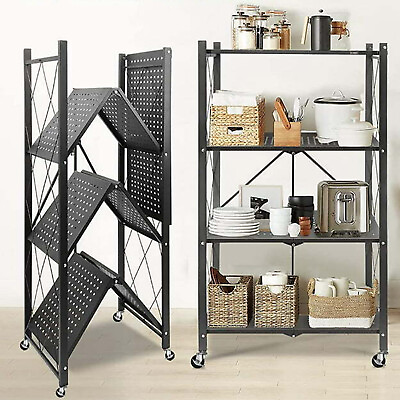 #ad 4 Tier Heavy Duty Foldable Metal Rack Storage Shelving Unit With Wheel Kitchen $79.59