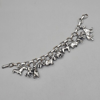 #ad Vintage Animal Charm Bracelet Silver Tone Dogs Bear Elephant Pig Horse $49.99