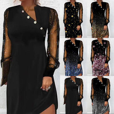 #ad Womens Sexy Mesh Floral Mini Dress Long Sleeve Party Cocktail Evening Dress Gown $19.22