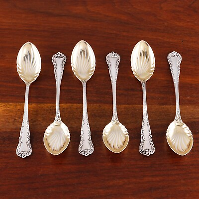 #ad 6 DURGIN STERLING SILVER PARCEL GILT ICE CREAM SPOONS CROMWELL 1893 NO MONO $244.50