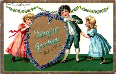 #ad Valentine Children Gold Heart Surrounded By Violets Tucks 11 c1908 postcard AP6 $9.59