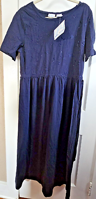 #ad NWT Bobbie Brooks 100% cotton Maxi dress tieback floral embroidery L12 14 Navy $28.79