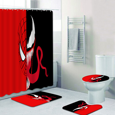#ad Venom Spider Man Bathroom Set Mat Shower Curtain Non Slip Rugs Toilet Lid Cover $48.99