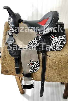 #ad Western Kids Youth Adult Barrel Leather Saddle for Horse Riding 10quot; to 18quot; Black $329.00