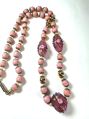 #ad Vintage Necklace Glass Wedding Cake Beads Knotted Filigree Cap Pink 22in $48.30