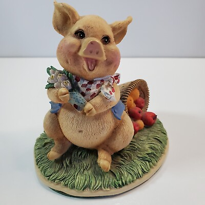 #ad Doremi 1994 Pig Figurine Piggy with Flowers and Bushel of Apples Fall Decor $18.99