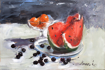 #ad Demenko Natalia Watermelon and fruits Still Life Stylish Modern Art Oil painting $112.85