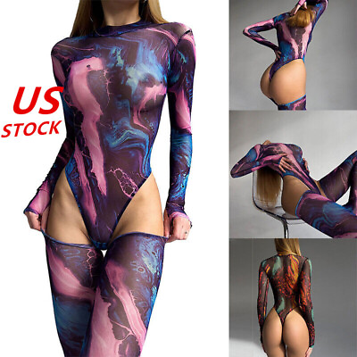 #ad US Women Bodysuit Top Colorful Ultrathin Mesh Jumpsuit Long Sleeve Thong Leotard $11.43