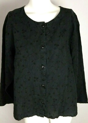 #ad TALBOTS Women#x27;s Blouse Large Black Long Sleeve Linen Floral Pattern Button Front $14.39
