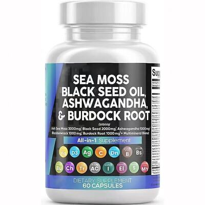 #ad Sea Moss 3000mg Black Seed Oil 2000mg Ashwaganda 1000mg Tumeric 1000 Bladderwrac $16.99