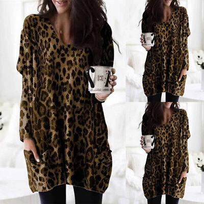 #ad #ad Womens Leopard Long Sleeve Pullover Tops Casual Round Neck Pockets Tunic Blouse $21.08