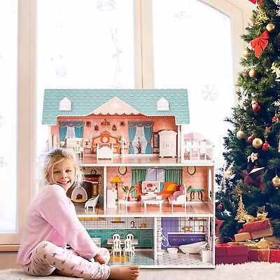 #ad ROBOTIME Kids Wooden Dolls House with Furniture 3 Storey Dollhouse for 3 6 Years $72.99