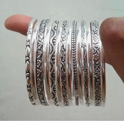 #ad 14 Set Of Silver Bangles Solid 925 Silver Handmade Stackable Women Bangle ST2 $15.99