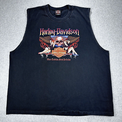 #ad Harley Davidson Sleeveless T Shirt 3XL Gatto Tarrentum PA Skull Pinup Black $19.54