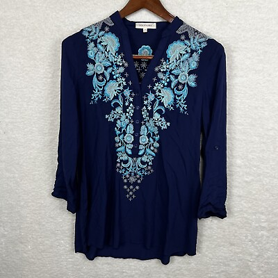 #ad Solitaire Embroidered Shirt Women’s M Blue Floral Tunic Roll Tab Sleeve $25.00