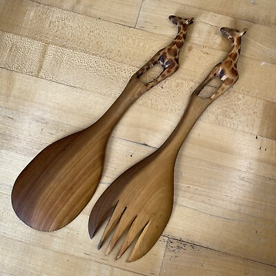 #ad Giraffe Hand Carved Wood Salad Spoon Fork Set African Safari VTG Collectible 12” $14.88