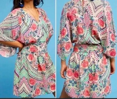 #ad Maeve Anthropologie Dress Women’s Size 4 Pink Floral Kimono Sleeves Siya Mini $29.95