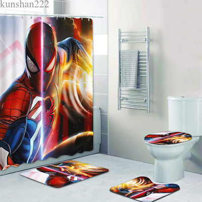 #ad Spider Man Bathroom Set 4PCS Mat Shower Curtains Non Slip Rugs Toilet Lid Cover $46.54