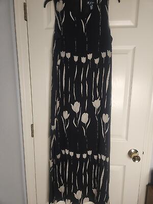 #ad R.J. Collection L BlackWhiteFloral Print 100% SILK Slless Lined Women Maxi Dress $50.00