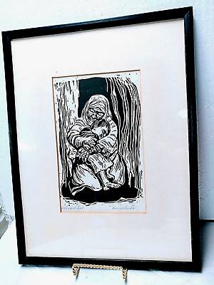 #ad Doris Wokurka Mother Child Vintage Art Print Block Print Framed Original $46.99
