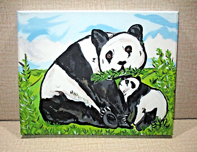 #ad Panda Family Painting LM Original Handpainted 8quot;x10quot; Canvas Acrylic 1 of 1 $11.97