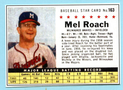 #ad 2022 1961 Cereal Card #163 Mel Roach Milwaukee Braves $3.50