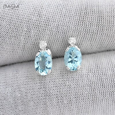 #ad Aquamarine Earrings Diamond Studs Earring 14K White Gold Oval Gemstone Earrings $273.12
