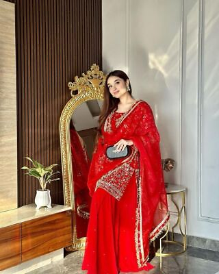 #ad NEW LAUNCHING FESTIVAL WEAR RED GEORGETTE TOP PALAZZO WITH DESIGNER DUPATTA $50.44