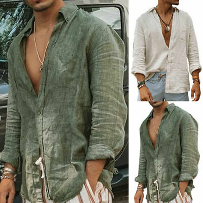 Mens Casual Cotton Linen Shirt Long Sleeve Loose Blouse Button Down Shirts Tops. $7.99