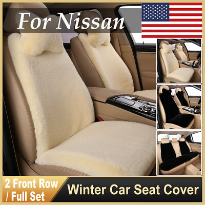 #ad Faux Sheepskin Car Seat Covers 2 Front Rear Cushions For Nissan Auto Beige Black $69.97