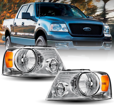 #ad For 2004 2008 Ford F 150 Headlight Lamps Chrome Housing Amber Side LeftRight $141.85