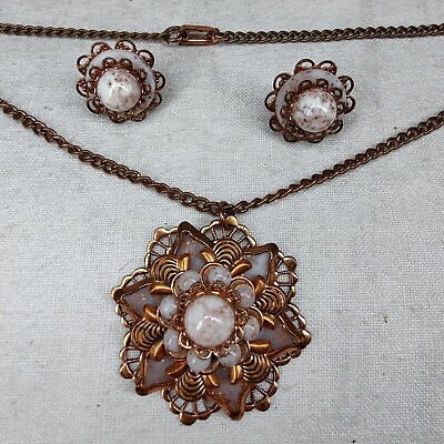 #ad Vtg Flower Shape 16quot; Necklace amp; Earrings Set Lot Bronze Tone White Marble Stone $34.49