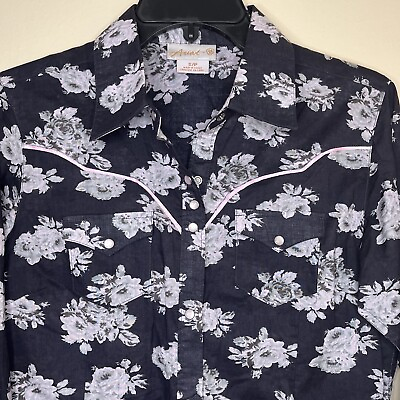 #ad ARIAT Women#x27;s Black Cotton Rose Print Snap Front Western Blouse Shirt Small $24.25